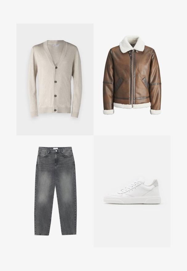 Bruine leren bomberjack met een witte schapenvacht kraag en manchetten, met ritssluiting en zijzakken. Aangevuld met leren afgewerkte details.; Beige cardigan met een V-hals, vijf donkere knopen aan de voorkant, geribbelde manchetten en zoom. Gemaakt van een gladde, lichtgewicht stof.; Witte katoenen t-shirt met korte mouwen, ronde hals en een rode grafische tekst "LEKKER VERFRISSEND FRUIT" aan de voorkant.; Hoge taille, losvallende jeans van vervaagd zwart denim. Beschikt over vijf zakken, riemlussen en een schone, rechte broekspijp ontwerp.; Witte leren sneakers met een gladde afwerking, ronde neus, platte veters en een gestructureerde zool. Grijze suède accent bij de hiel.