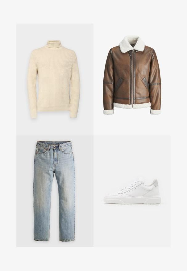 Rjav usnjeni bomberski jopič z belim ovčjim krznom na ovratniku in manšetah, z zadrgo in stranskima žepoma. Okrašen z usnjenimi detajli.; Kremna turtleneck pulover s teksturiranim pletenim vzorcem, ki ima dolge rokave in rebraste manšete ter rob.; Bela bomba majica iz bombaža z kratkimi rokavi, krožno ovratnikom in rdečim grafičnim besedilom "OKUSNO OSVEŽILNO SADJE" na sprednji strani.; Svetlo modri džins hlače z visokim pasom, sprednjim gumbom, zadrgo in petimi žepi, laid flat na nevtralni podlagi.; Bele usnjene športne copate z gladkim zaključkom, okroglo konico, ravnimi vezalkami in teksturiranim podplatom. Sivi semiš detajl na peti.