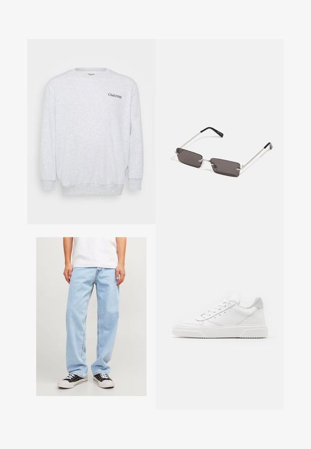 Brown leather bomber jacket with a white shearling collar and cuffs, featuring zip closure and side pockets. Accented with leather trim.; Light gray sweatshirt made of fleece material. Features a crew neck, long sleeves, and "Club1990" printed in black on the front.; Light blue denim jeans with a relaxed fit, featuring a straight leg design and standard stitching, paired with black sneakers.; White leather sneakers with a smooth finish, rounded toe, flat laces, and a textured sole. Grey suede accent at the heel.; Sunglasses with rectangular, dark grey lenses, silver metal frames, and black plastic tips on the arms. Lightweight design with nose pads.