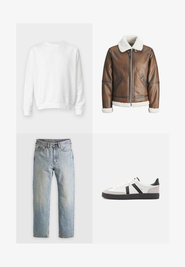 Braune Lederbomberjacke mit einem weißen Lammfellkragen und -manschetten, mit einem Reißverschluss und Seitentaschen. Akzentuiert mit Lederbesätzen.; Weißes Crewneck-Sweatshirt aus weichem Baumwollstoff. Lange Ärmel, gerippte Bündchen und Saum, glatte Textur und minimalistisches Design.; Helle blaue Jeans mit hoher Taille, Frontknopf, Reißverschluss und fünf Taschen-Design, flach auf einem neutralen Hintergrund ausgelegt.; Weiße Sneaker mit schwarz- und grau-aczenten, ausgestattet mit einer strukturierten grauen Zehenkappe, schwarzer Gummi-Sohle und flachen weißen Schnürsenkeln. Sauberes Design, minimalistische Stil.