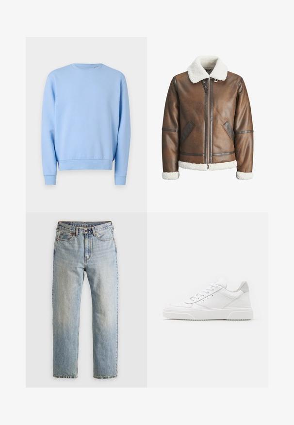 Ruskea nahkainen pommikonejacke, jossa on valkoinen keinonahka kaulus ja hihansuut, varustettu vetoketjukiinnityksellä ja sivutaskuilla. Korostettu nahkakaitaleilla.; Vaaleansininen collegepaita, jossa on pyöreä pääntie, pitkät hihat sekä resorit hihansuissa ja helmassa. Valmistettu pehmeästä ja sileästä kankaasta. Ei kuvioita tai koristeita.; Vaaleansininen farkut, joissa on korkea vyötärö, etunappi, vetoketju ja viisi taskua, asetettu tasaisesti neutraalille taustalle.; Valkoiset nahkakengät, joissa on sileä pinta, pyöreä kärki, litteät nauhat ja teksturoitu pohja. Harmaa mokkanahka korostaa kantapäätä.