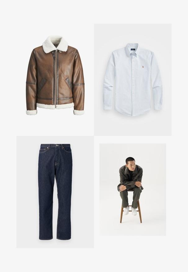 Ruskea nahkainen pommikonejacke, jossa on valkoinen keinonahka kaulus ja hihansuut, varustettu vetoketjukiinnityksellä ja sivutaskuilla. Korostettu nahkakaitaleilla.; Vaaleansininen raidallinen nappikauluspaita, jossa on pitkät hihat, kaulus ja pieni punainen brodeerattu logo rinnassa. Puuvillakangasta.; Tummansiniset farkut, joissa on suora lahje. Ominaisuuksiin kuuluu nappi- ja vetoketjukiinnitys, viisi taskua sekä kontrastiväriset ompeluyksityiskohdat.; Ruskea nahkatakki, jossa on leveä kaulus, yhdistetty tummanvihreisiin farkkuihin ja valkoisiin tennareihin. Malli istuu puujakkaralla.