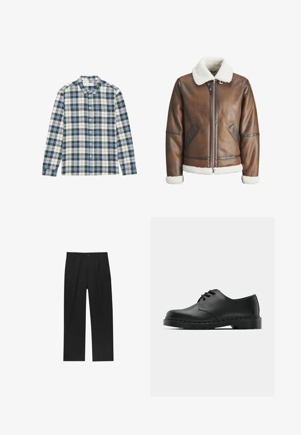 Braon kožni bomber jakna s bijelim krznom od ovce na ovratniku i manžetama, s patentnim zatvaračem i bočnim džepovima. Ukrašena kožnim detaljima.; Zelena i bijela karirana košulja s plavim naglascima, sa kragnom na dugme, dugim rukavima i džepom na prsima. Izrađena od mekanog materijala.; Crne hlače ravnog kroja, izrađene od glatkog materijala. Imaju prednje nabore i jedan dugme na struku.; Crne kožne oxford cipele s vezivanjem, zaobljenim vrhom, ravnim gumenim potplatom i suptilnim detaljima šivanja duž gornjeg dela.