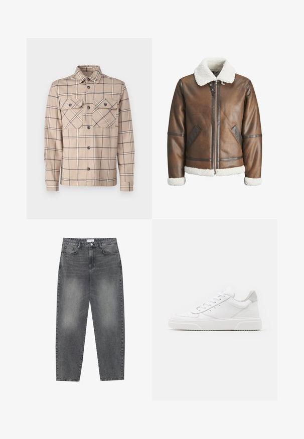 Brūna ādas bumbieru mēteli ar baltu kažokādas apkakli un aprocēm, izceļas ar rāvējslēdzēju un sānu kabatām. Akcentēts ar ādas apdari.; Beige kvadrātveida krekls-jaka, kas izgatavota no auduma ar divām krūšu kabatām, pogu priekšpusi un tumšiem akcentiem režģa rakstā.; Balta kokvilnas T-kreklu ar īsām piedurknēm, apaļu kakla izgriezumu un sarkanu grafisku tekstu "GARDI ATSPIRDZINOŠI AUGĻI" priekšpusē.; Augsta vidukļa, platā stila džinsi izbalējušā melnā denima. Ar pieciem kabatām, jostas cilpām un tīru, taisnu kāju dizainu.; Baltie ādas sporta apavi ar gludu virsmu, noapaļotu purngalu, plakaniem šņorēm un reljefa zoli. Pelēks zamšādas akcenti pie papēža.