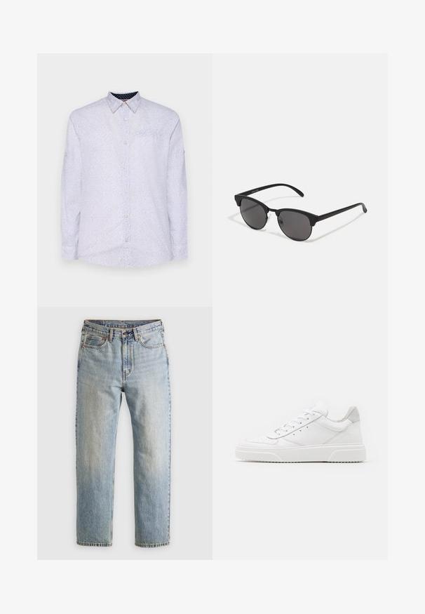 Braon kožni bomber jakna s bijelim krznom od ovce na ovratniku i manžetama, s patentnim zatvaračem i bočnim džepovima. Ukrašena kožnim detaljima.; Bijela košulja dugih rukava s malim tamnoplavim točkicama, okovratnikom na dugme i džepom na prsima. Ima dugmad na manžetama i glatku teksturu.; Svijetloplave traperice visoki struk, prednji gumb, zatvarač i dizajn s pet džepova, položene ravno na neutralnoj pozadini.; Bijele kožne tenisice s glatkom površinom, okruglim vrhom, ravnim vezicama i strukturiranom potplatom. Sivi antilop naglasak na peti.; Crne sunčane naočale s okruglim lećama, mat završetkom i specifičnim oblikom mačjih očiju. Tanke naramenice s diskretnim brendiranjem na lijevom hramu.