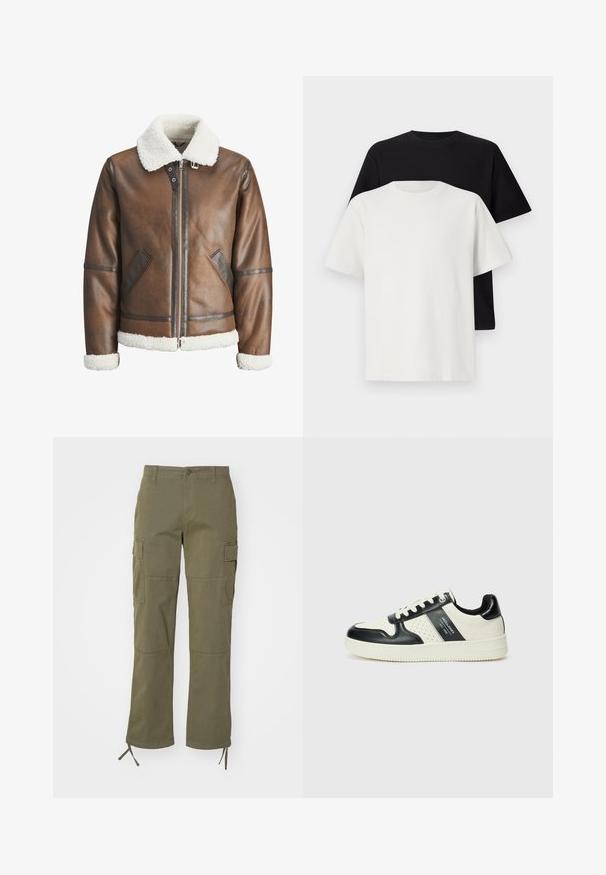 Brun læderbomberjakke med en hvid skindkrave og manchetter, udstyret med lynlåslukning og sidelommer. Pyntet med læderkant.; Sæt af bomulds T-shirts bestående af en sort top og en hvid top, begge med korte ærmer, rund halsudskæring og standard pasform. Tekstureret stof.; Olivenfarvede cargo-bukser med lige ben-design, der har to sidelommer og justerbare bånd ved anklerne. Lavet af slidstærkt stof.; Lædersneakers i sort og creme farveskema, med perforerede detaljer, en polstret krave og en struktureret ydersål.