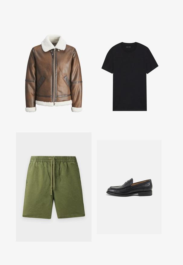 Braune Lederbomberjacke mit einem weißen Lammfellkragen und -manschetten, mit einem Reißverschluss und Seitentaschen. Akzentuiert mit Lederbesätzen.; Schwarzes Baumwoll-T-Shirt mit kurzen Ärmeln und rundem Ausschnitt. Der Stoff hat eine glatte Textur und ein einfaches, schlichtes Design.; Khaki-grüne Shorts aus weichem Baumwollstoff, mit einem elastischen Bündchen und einer Kordel sowie Seitentaschen. Glatte Textur, lässiges Design.; Schwarze Leder Slipper mit glatter Oberfläche, runder Spitze und dekorativer Naht auf dem Vorderblatt. Niedriger Blockabsatz und leichter Glanz.