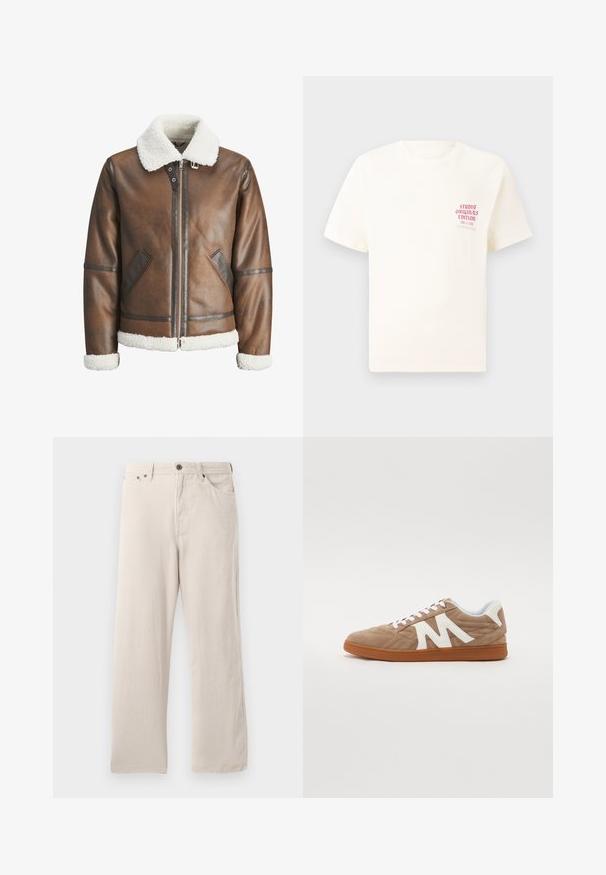 Veste bombardier en cuir marron avec un col et des poignets en shearling blanc, équipée d'une fermeture éclair et de poches latérales. Accentuée de garnitures en cuir.; T-shirt blanc à manches courtes avec le texte rouge "Édition Originals du Studio" sur la poitrine gauche, présenté sur un fond gris neutre.; Pantalon droit en velours beige, avec une texture côtelée, un design à cinq poches et une fermeture à boutons.; Baskets à lacets avec une tige en daim marron, des accents en tissu blanc, un design matelassé et une semelle en caoutchouc marron. Présente un logo "M" bien visible.