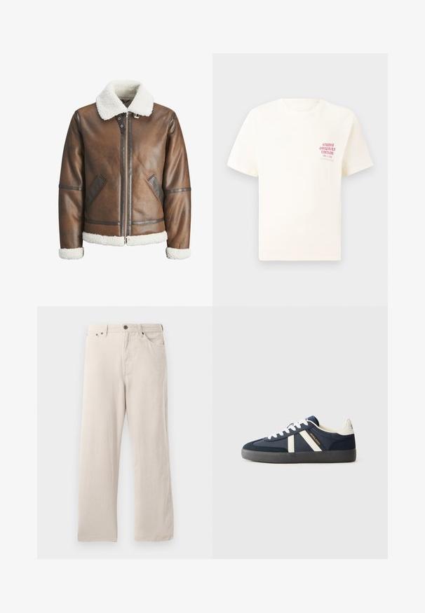 Brown leather bomber jacket with a white shearling collar and cuffs, featuring zip closure and side pockets. Accented with leather trim.; White short-sleeve T-shirt with red text "Studio Originals Edition" on left chest, displayed on a neutral gray background.; Beige corduroy pants with a straight cut, featuring a ribbed texture, five-pocket design, and a button-fly closure.; Navy blue sneaker with white laces, two white stripes on the side, black sole, and "JACK & JONES" branding in gold and black.