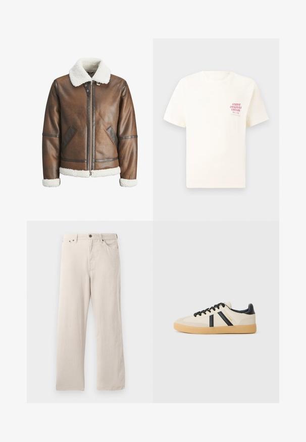 Braune Lederbomberjacke mit einem weißen Lammfellkragen und -manschetten, mit einem Reißverschluss und Seitentaschen. Akzentuiert mit Lederbesätzen.; Weißes T-Shirt mit kurzen Ärmeln und rotem Text "Studio Originals Edition" auf der linken Brust, präsentiert vor einem neutralen grauen Hintergrund.; Beige Corduroyhosen mit geradem Schnitt, gerippter Textur, Fünf-Taschen-Design und Knopfverschluss.; Legere Sneaker in Creme mit schwarzen Streifen, mit einer strukturierten Oberseite und einer Sohle aus Gummi. Die Schnürsenkel sind schwarz. Diskretes Logo an der Seite.