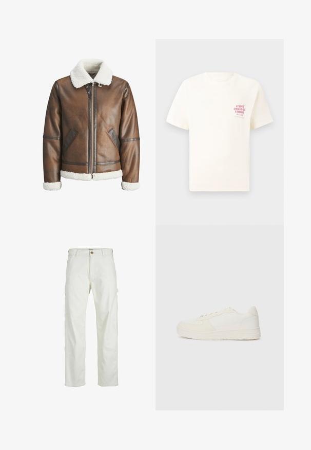 Veste bombardier en cuir marron avec un col et des poignets en shearling blanc, équipée d'une fermeture éclair et de poches latérales. Accentuée de garnitures en cuir.; T-shirt blanc à manches courtes avec le texte rouge "Édition Originals du Studio" sur la poitrine gauche, présenté sur un fond gris neutre.; Pantalons cargo blancs avec une coupe décontractée, fermeture par bouton à l'avant et plusieurs poches sur les côtés, fabriqués en coton durable.; Baskets blanches avec un dessus en cuir lisse et des accents en daim. Elles disposent d'un bout perforé, de lacets plats et d'une semelle en caoutchouc avec des détails texturés.