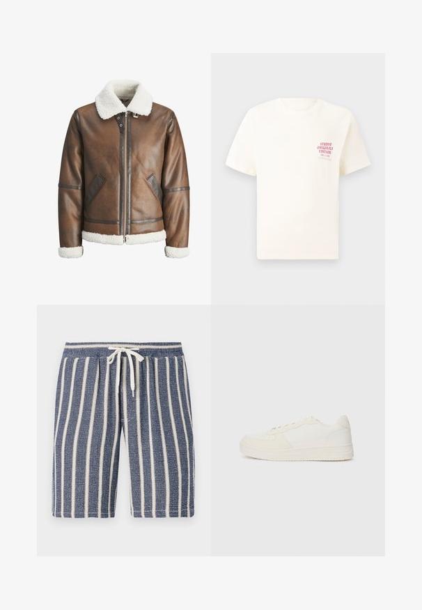 Veste bombardier en cuir marron avec un col et des poignets en shearling blanc, équipée d'une fermeture éclair et de poches latérales. Accentuée de garnitures en cuir.; T-shirt blanc à manches courtes avec le texte rouge "Édition Originals du Studio" sur la poitrine gauche, présenté sur un fond gris neutre.; Shorts texturés bleu marine avec des rayures verticales blanches, taille élastique et détail à cordon de serrage. Design décontracté adapté aux temps chauds.; Baskets blanches avec un dessus en cuir lisse et des accents en daim. Elles disposent d'un bout perforé, de lacets plats et d'une semelle en caoutchouc avec des détails texturés.