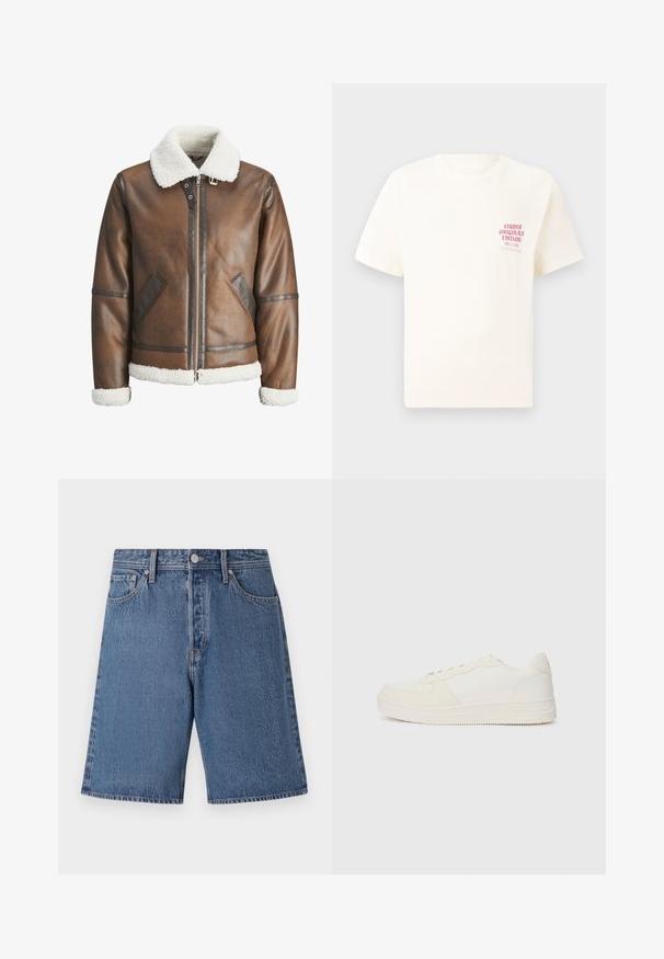 Brązowa skórzana kurtka bomber z białym kołnierzem i mankietami z owczej wełny, z zamkiem błyskawicznym z przodu i bocznymi kieszeniami. Podkreślona skórzanym wykończeniem.; Biała koszulka z krótkim rękawem z czerwonym napisem "Studio Originals Edition" po lewej stronie klatki piersiowej, wyeksponowana na neutralnym szarym tle.; Jasnoniebieskie szorty dżinsowe o wygaszonej fakturze, pięć kieszeni, z zapięciem na guzik w talii.; Białe sneakersy z gładką skórzaną cholewką i zamszowymi akcentami. Posiadają perforowaną noskę, płaskie sznurowadła oraz gumową podeszwę z teksturowanymi detalami.