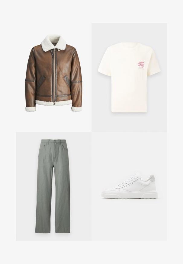 Hnědá kožená bomber bunda s bílým beránkovým límcem a manžetami, s zipovým zapínáním a bočními kapsami. Ozdobena koženými detaily.; Bílý krátký rukávový tričko s červeným textem "Studio Originals Edition" na levé hrudi, vystavené na neutrálním šedém pozadí.; Světlé zelené široké kalhoty vyrobené z měkké texturované látky. Mezi rysy patří zapínání na knoflík vpředu a pět kapes.; Bílé kožené tenisky s hladkým povrchem, zaoblenou špičkou, plochými tkaničkami a texturovanou podrážkou. Šedý semišový detail na patě.