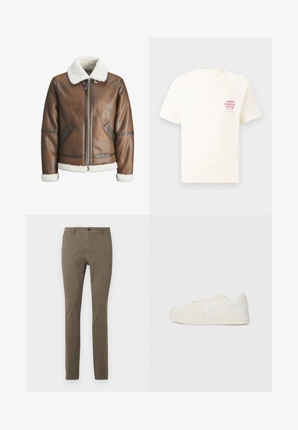 Brown leather bomber jacket with a white shearling collar and cuffs, featuring zip closure and side pockets. Accented with leather trim.; White short-sleeve T-shirt with red text "Studio Originals Edition" on left chest, displayed on a neutral gray background.; Slim-fit khaki trousers with belt loops, front button, zipper closure, and side pockets, displayed on a white background.; White sneaker with a smooth leather upper and suede accents. Features a perforated toe, flat laces, and a rubber sole with textured detailing.