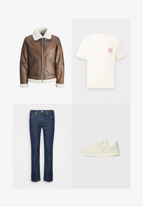 Ruskea nahkainen pommikonejacke, jossa on valkoinen keinonahka kaulus ja hihansuut, varustettu vetoketjukiinnityksellä ja sivutaskuilla. Korostettu nahkakaitaleilla.; Valkoinen lyhythihainen t-paita, jossa on punainen teksti "Studio Originals Edition" vasemmalla rinnalla, esitetty neutraalilla harmaalla taustalla.; Tummansiniset suorat farkut, joissa on oranssit tikkaukset, viisi taskua sekä edessä nappi- ja vetoketjusuljenta.; Valkokoska sneaker, jossa on rei'itettyjä yksityiskohtia, nauhat ja logo sivussa, esillä tasaisella valkoisella taustalla.