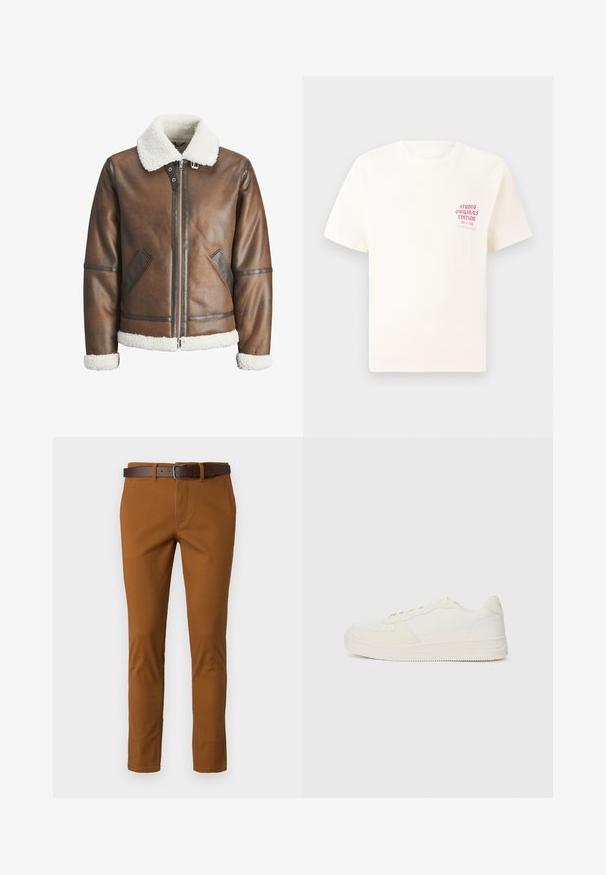 Jachetă bombardieră din piele maro cu guler și manșete din blană albă, având închidere cu fermoar și buzunare laterale. Accentuata cu detalii din piele.; Tricou alb cu mânecă scurtă, având text roșu "Studio Originals Edition" pe partea stângă a pieptului, expus pe un fundal gri neutru.; Pantaloni din bumbac maro cu un croi slim, dotati cu un curea din piele maro si detalii de cusătură subtile. Textură netedă și formă ajustată.; Tenis alb cu un superior din piele netedă și accente din suede. Are un vârf perforat, șireturi plate și o talpă din cauciuc cu detalii texturate.