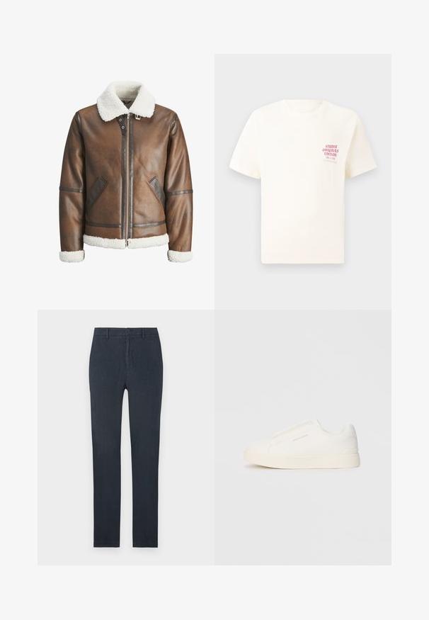 Brūna ādas bumbieru mēteli ar baltu kažokādas apkakli un aprocēm, izceļas ar rāvējslēdzēju un sānu kabatām. Akcentēts ar ādas apdari.; Balts īsām piedurknēm T-krekls ar sarkanu tekstu "Studio Originals Edition" uz kreisā krūšu, pakārtots neitrālā pelēkā fonā.; Tumši zili bikses, izgatavotas no viegla auduma ar šauru piegriezumu. Iekšējā daļā ir pogu aizdare un kabatas. Gluda tekstūra, bez rakstiem.; Baltas slip-on sporta apavi ar teksturētu virsmu, biezu zoli un minimālistisku dizainu. Sānos redzams zīmola logotips.