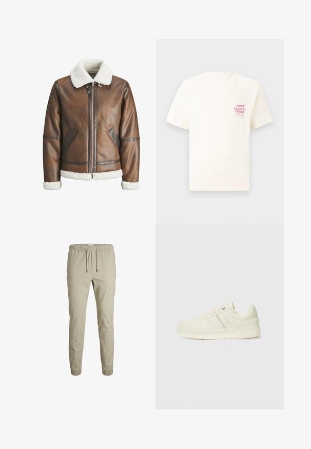 Veste bombardier en cuir marron avec un col et des poignets en shearling blanc, équipée d'une fermeture éclair et de poches latérales. Accentuée de garnitures en cuir.; T-shirt blanc à manches courtes avec le texte rouge "Édition Originals du Studio" sur la poitrine gauche, présenté sur un fond gris neutre.; Jogging en beige à coupe fuselée avec une taille élastique, cordon de serrage et poignets aux chevilles, fabriqués en tissu doux. Présente une texture lisse et un design minimaliste.; Sneaker couleur crème avec des détails perforés, des lacets et un logo sur le côté, présenté sur un fond blanc uni.