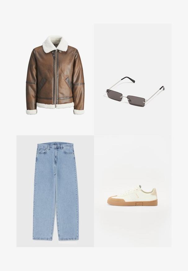 Braune Lederbomberjacke mit einem weißen Lammfellkragen und -manschetten, mit einem Reißverschluss und Seitentaschen. Akzentuiert mit Lederbesätzen.; Weißes Baumwoll-T-Shirt mit kurzen Ärmeln, Rundhalsausschnitt und einem roten grafischen Text "LECKERER ERFRISCHENDER FRUCHT" auf der Vorderseite.; Hellblaue Jeans aus Denim mit geradem Bein, ausgestattet mit einer mittelhohen Taille, fünf Taschen sowie einem Knopf- und Reißverschluss.; Weiße Sneakers mit sandfarbenen Wildlederelementen, runder Zehenpartie, perforierten Seitenpaneelen, Schnürdesign und einer Gummisohle mit einem Markenlabel.; Sonnenbrille mit rechteckigen, dunkelgrauen Gläsern, silbernen Metallrahmen und schwarzen Kunststoffenden an den Bügeln. Leichtes Design mit Nasenpads.
