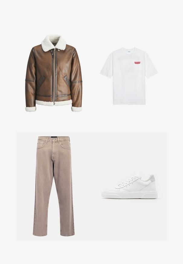 Veste bombardier en cuir marron avec un col et des poignets en shearling blanc, équipée d'une fermeture éclair et de poches latérales. Accentuée de garnitures en cuir.; T-shirt en coton blanc avec des manches courtes, col rond et un texte graphique rouge "FRUIT RAFRAÎCHISSANT DÉLICIEUX" à l'avant.; Jean beige clair à jambes droites avec une texture légèrement délavée, design à cinq poches et fermeture à bouton métal. Détails de couture prononcés.; Des baskets en cuir blanc avec une finition lisse, un bout rond, des lacets plats et une semelle texturée. Accents en daim gris au niveau du talon.