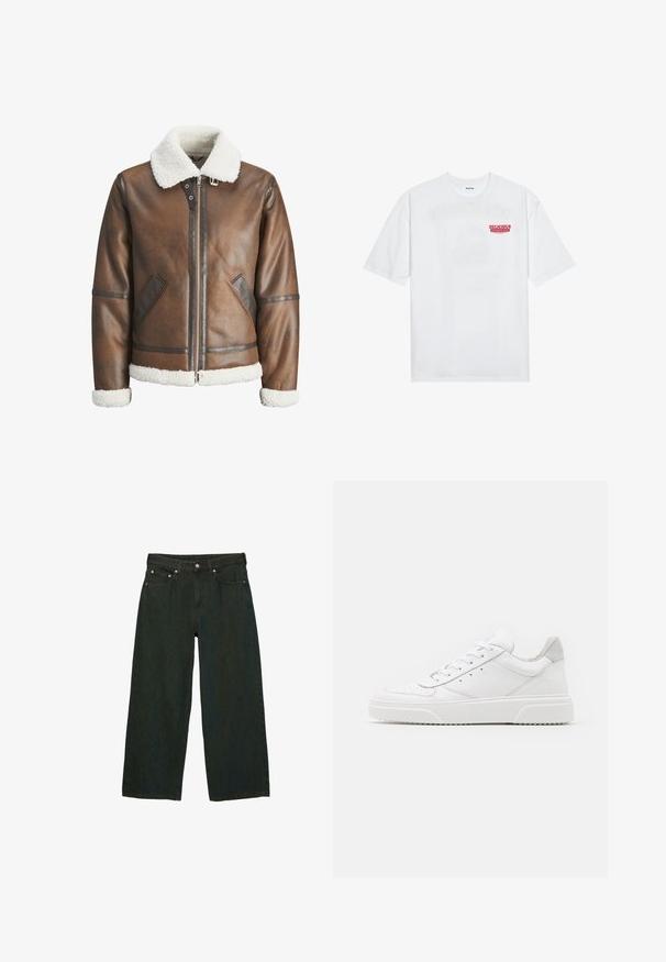 Braune Lederbomberjacke mit einem weißen Lammfellkragen und -manschetten, mit einem Reißverschluss und Seitentaschen. Akzentuiert mit Lederbesätzen.; Weißes Baumwoll-T-Shirt mit kurzen Ärmeln, Rundhalsausschnitt und einem roten grafischen Text "LECKERER ERFRISCHENDER FRUCHT" auf der Vorderseite.; Dunkelgrüne weit geschnittene Jeans aus Denim; mit einem vorderen Knopf und Reißverschluss, fünf Taschen und subtilen Texturvariationen.; Weiße Leder-Sneaker mit glatter Oberfläche, rundem Zehenbereich, flachen Schnürsenkeln und strukturiertem Schuhsohlen. Graues Wildleder-Detail an der Ferse.