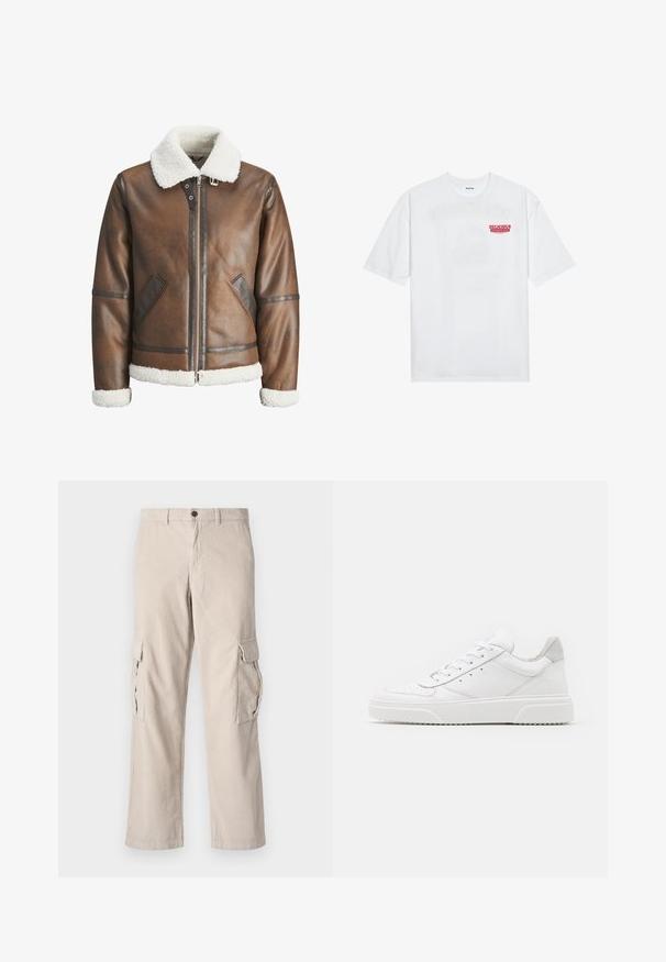 Brown leather bomber jacket with a white shearling collar and cuffs, featuring zip closure and side pockets. Accented with leather trim.; White cotton t-shirt featuring short sleeves, crew neck, and a red graphic text "DELICIOUS REFRESHING FRUIT" on the front.; Beige corduroy cargo pants with two side pockets, a button closure, and a wide-leg cut; features vertical ribbing texture.; White leather sneakers with a smooth finish, rounded toe, flat laces, and a textured sole. Grey suede accent at the heel.