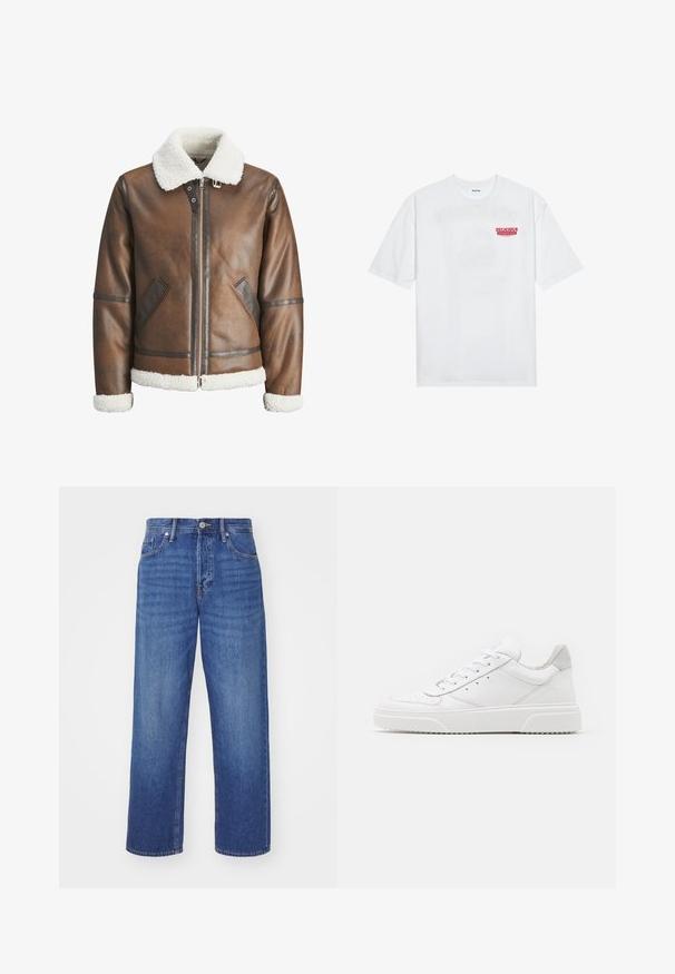 Veste bombardier en cuir marron avec un col et des poignets en shearling blanc, équipée d'une fermeture éclair et de poches latérales. Accentuée de garnitures en cuir.; T-shirt en coton blanc avec des manches courtes, col rond et un texte graphique rouge "FRUIT RAFRAÎCHISSANT DÉLICIEUX" à l'avant.; Jean en denim bleu avec une coupe droite, cinq poches et une fermeture à bouton à l'avant. Le tissu présente un lavage classique avec un léger délavage.; Des baskets en cuir blanc avec une finition lisse, un bout rond, des lacets plats et une semelle texturée. Accents en daim gris au niveau du talon.