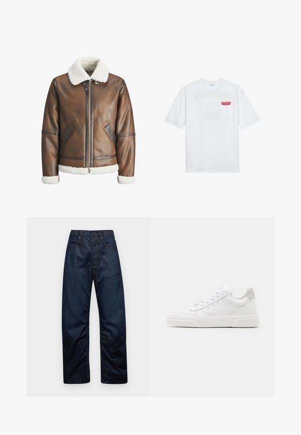 Brązowa skórzana kurtka bomber z białym kołnierzem i mankietami z owczej wełny, z zamkiem błyskawicznym z przodu i bocznymi kieszeniami. Podkreślona skórzanym wykończeniem.; Biała bawełniana koszulka z krótkim rękawem, okrągłym dekoltem i czerwonym napisem graficznym "PYSZNY ODŚWIEŻAJĄCY OWOC" na przodzie.; Granatowe dżinsy o prostym kroju, wyposażone w dwie przednie kieszenie oraz przeszycia na szwach i pasku.; Białe skórzane trampki o gładkim wykończeniu, zaokrąglonym nosku, płaskich sznurówkach i teksturowanej podeszwie. Szary zamszowy akcent na pięcie.