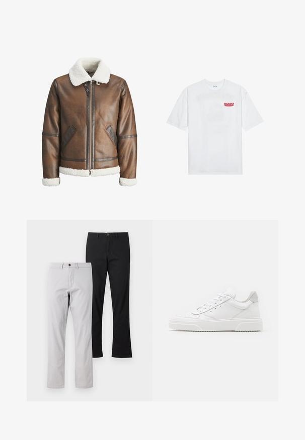 Brown leather bomber jacket with a white shearling collar and cuffs, featuring zip closure and side pockets. Accented with leather trim.; White cotton t-shirt featuring short sleeves, crew neck, and a red graphic text "DELICIOUS REFRESHING FRUIT" on the front.; Two pairs of straight-leg trousers: one in light gray with a brown button and one in solid black. Both feature a smooth cotton texture.; White leather sneakers with a smooth finish, rounded toe, flat laces, and a textured sole. Grey suede accent at the heel.