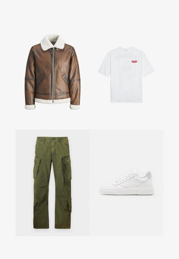 Hnědá kožená bomber bunda s bílým beránkovým límcem a manžetami, s zipovým zapínáním a bočními kapsami. Ozdobena koženými detaily.; Bílý bavlněný tričko s krátkým rukávem a kulatým výstřihem, na přední straně s červeným grafickým textem "VYNIKAJÍCÍ OSVĚŽUJÍCÍ OVOCNÝ".; Kargo kalhoty v olivově zelené barvě, vyrobené z bavlněné směsi. Obsahují několik postranních kapes, zip a zesílené švy pro zvýšení odolnosti.; Bílé kožené tenisky s hladkým povrchem, zaoblenou špičkou, plochými tkaničkami a texturovanou podrážkou. Šedý semišový detail na patě.