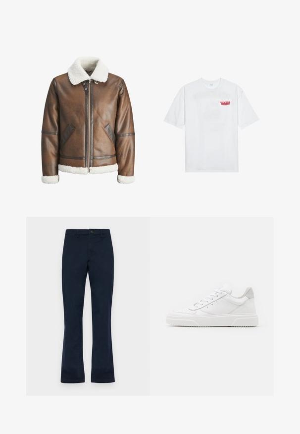 Braon kožni bomber jakna s bijelim krznom od ovce na ovratniku i manžetama, s patentnim zatvaračem i bočnim džepovima. Ukrašena kožnim detaljima.; Bijela pamučna majica kratkih rukava s okruglim izrezom, s crvenim grafičkim natpisom "UKUSNO OSVJEŽAVAJUĆE VOĆE" sprijeda.; Pamučne hlače tamnoplave boje sa ravnim krojem, s prednjim zatvaranjem na gumb, petljama za pojas i dva bočna džepa. Glatka tekstura.; Bijele kožne tenisice s glatkom površinom, okruglim vrhom, ravnim vezicama i strukturiranom potplatom. Sivi antilop naglasak na peti.