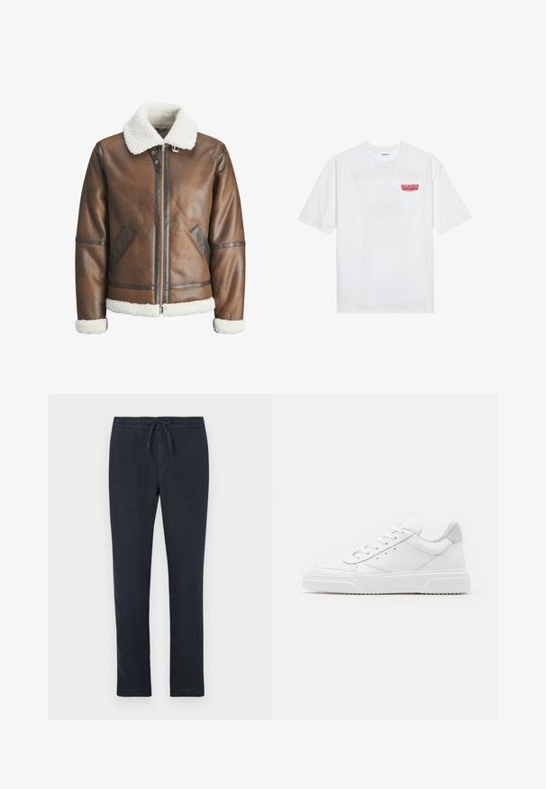 Bruine leren bomberjack met een witte schapenvacht kraag en manchetten, met ritssluiting en zijzakken. Aangevuld met leren afgewerkte details.; Witte katoenen t-shirt met korte mouwen, ronde hals en een rode grafische tekst "LEKKER VERFRISSEND FRUIT" aan de voorkant.; Donkerblauwe linnen broeken met een trekkoord in de taille, rechte pijpen en minimale textuur. Geen zichtbare patronen of hardwaredetails.; Witte leren sneakers met een gladde afwerking, ronde neus, platte veters en een gestructureerde zool. Grijze suède accent bij de hiel.