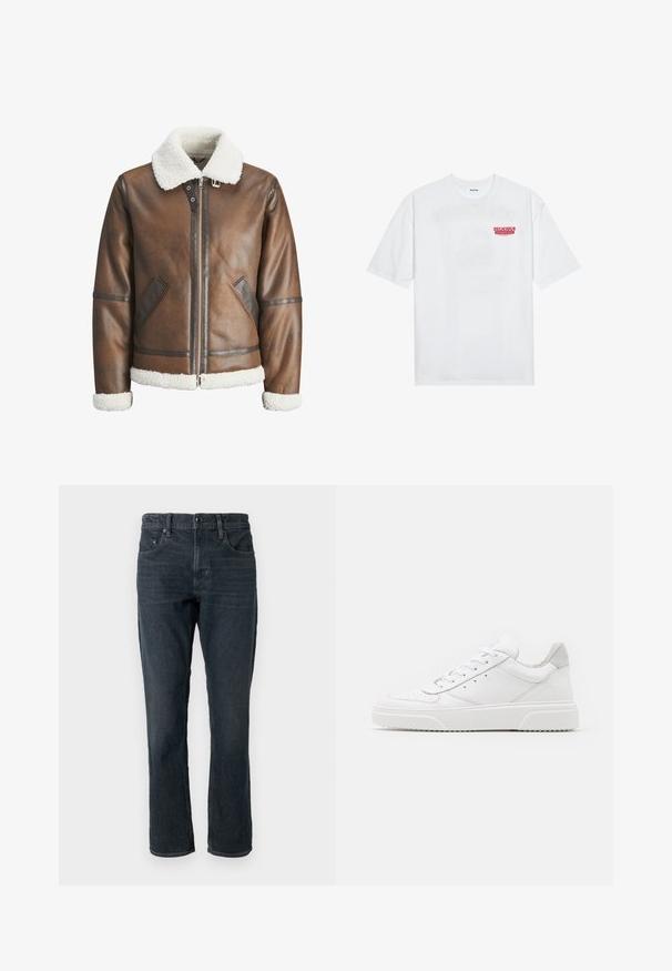 Pruun nahk bomber-jakk valge kitsesoomuse krae ja mansettidega, millel on tõmblukk ja küljetaskud. Tootel on nahast äärised.; Valge puuvillane T-särk, millel on lühikesed varrukad, ümmargune kaelus ja esiküljel punane graafiline tekst "MAITSVA KONDISIOONIGA PUUVILI".; Tumedat sinised teksad sirge lõikega, viie taskuga disain ja nööbiga kinnitamine. Omab kerget kulumist ja kontrastset õmblust.; Valged nahast spordijalatsid siledast nahast viimistlusega, ümarate varvastega, lamekestega ja tekstuuriga tallaga. Hall suede aktsent kanna juures.