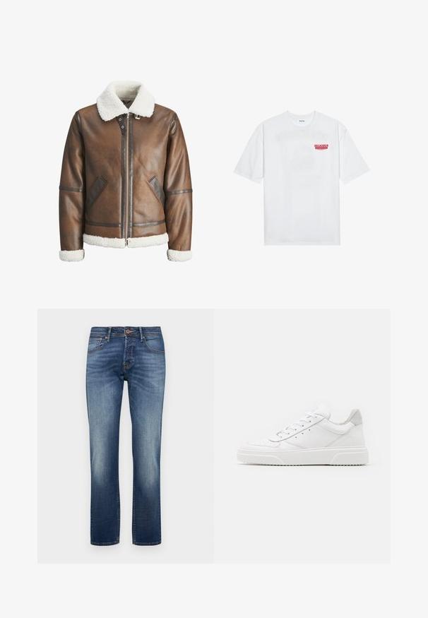 Giacca bomber in pelle marrone con colletto e polsini in shearling bianco, dotata di chiusura con zip e tasche laterali. Accentuata con finiture in pelle.; T-shirt bianco in cotone con maniche corte, collo rotondo e una grafica rossa con il testo "FRUTTA DELIZIOSA E RINFRESCANTE" sul davanti.; Jeans in denim di blu medio, con taglio dritto. Vita media con leggero sbiadimento e cuciture a contrasto. Design a cinque tasche.; Sneaker bianche in pelle con finitura liscia, punta arrotondata, lacci piatti e suola texturizzata. Accento in suede grigio sul tallone.