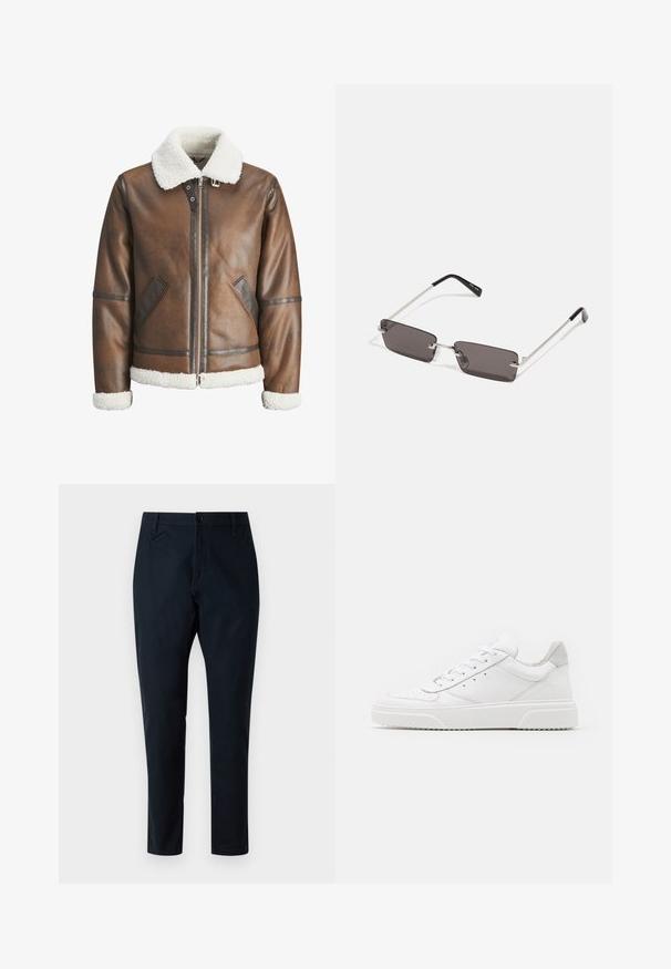 Ruskea nahkainen pommikonejacke, jossa on valkoinen keinonahka kaulus ja hihansuut, varustettu vetoketjukiinnityksellä ja sivutaskuilla. Korostettu nahkakaitaleilla.; Valkoinen puuvillapaita, jossa on lyhyet hihat, pyöreä kaula-aukko ja etupuolella punainen grafiikkateksti "HERKULLINEN RAJAAKASI HEDELMÄ".; Laivansinisiä housuja, jotka on valmistettu puuvillasekoitteisesta kankaasta, suoran lahkeen muotoilulla, nappisuljennalla ja sivutaskuilla. Sileä pinta.; Valkoiset nahkakengät, joissa on sileä pinta, pyöreä kärki, litteät nauhat ja teksturoitu pohja. Harmaa mokkanahka korostaa kantapäätä.; Aurinkolasit, joissa on suorakulmaiset, tummanharmaat linssit, hopeiset metallikehykset ja mustat muoviset päät. Kevyt muotoilu nenätyynyillä.