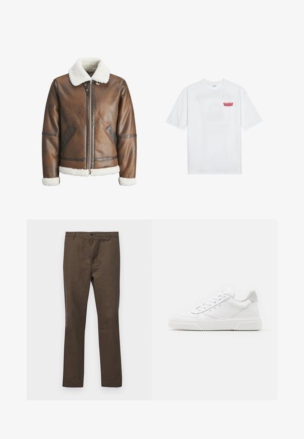 Ruskea nahkainen pommikonejacke, jossa on valkoinen keinonahka kaulus ja hihansuut, varustettu vetoketjukiinnityksellä ja sivutaskuilla. Korostettu nahkakaitaleilla.; Valkoinen puuvillapaita, jossa on lyhyet hihat, pyöreä kaula-aukko ja etupuolella punainen grafiikkateksti "HERKULLINEN RAJAAKASI HEDELMÄ".; Ruskeat puuvillahousut, joissa on suora lahjesuunnittelu, napin suljenta ja vyölenkit, sileä pinta ilman kuvioita tai koristeita.; Valkoiset nahkakengät, joissa on sileä pinta, pyöreä kärki, litteät nauhat ja teksturoitu pohja. Harmaa mokkanahka korostaa kantapäätä.