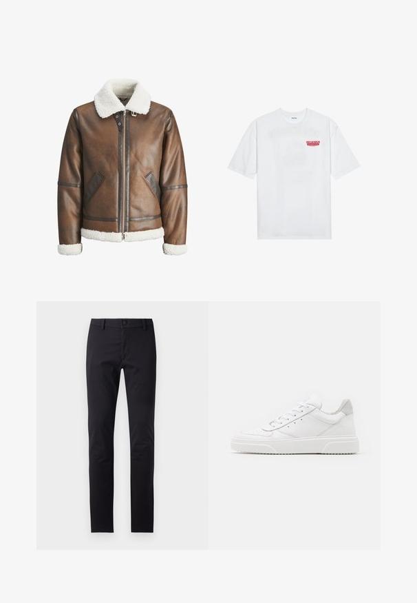 Brūna ādas bumbieru mēteli ar baltu kažokādas apkakli un aprocēm, izceļas ar rāvējslēdzēju un sānu kabatām. Akcentēts ar ādas apdari.; Balta kokvilnas T-kreklu ar īsām piedurknēm, apaļu kakla izgriezumu un sarkanu grafisku tekstu "GARDI ATSPIRDZINOŠI AUGĻI" priekšpusē.; Melnas bikses no gludas auduma, ar šauru piegriezumu, pogu aizdari un standarta kabatām bez redzamām rakstām vai akcentiem.; Baltie ādas sporta apavi ar gludu virsmu, noapaļotu purngalu, plakaniem šņorēm un reljefa zoli. Pelēks zamšādas akcenti pie papēža.