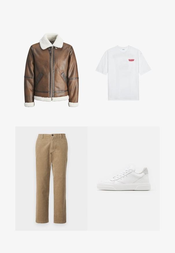 Brown leather bomber jacket with a white shearling collar and cuffs, featuring zip closure and side pockets. Accented with leather trim.; White cotton t-shirt featuring short sleeves, crew neck, and a red graphic text "DELICIOUS REFRESHING FRUIT" on the front.; Brown corduroy trousers with a straight cut, a button closure, and belt loops; features vertical ribbed texture and clean hems.; White leather sneakers with a smooth finish, rounded toe, flat laces, and a textured sole. Grey suede accent at the heel.