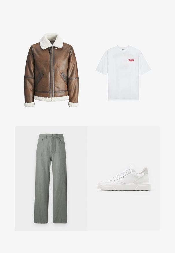 Brown leather bomber jacket with a white shearling collar and cuffs, featuring zip closure and side pockets. Accented with leather trim.; White cotton t-shirt featuring short sleeves, crew neck, and a red graphic text "DELICIOUS REFRESHING FRUIT" on the front.; Light green, wide-leg trousers made from a soft, textured fabric. Features include a front button closure and five pockets.; White leather sneakers with a smooth finish, rounded toe, flat laces, and a textured sole. Grey suede accent at the heel.
