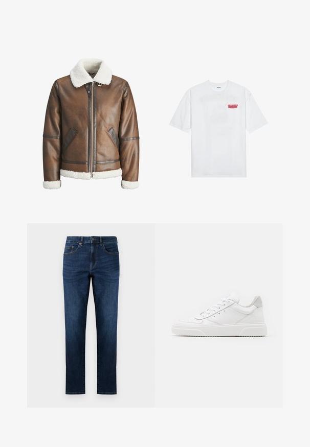 Pruun nahk bomber-jakk valge kitsesoomuse krae ja mansettidega, millel on tõmblukk ja küljetaskud. Tootel on nahast äärised.; Valge puuvillane T-särk, millel on lühikesed varrukad, ümmargune kaelus ja esiküljel punane graafiline tekst "MAITSVA KONDISIOONIGA PUUVILI".; Tumedast sinisest denimist teksad otse jalgade kujundusega, millel on viis taskut, õmblustäiendused ja klassikaline nööbnuppude sulgemine.; Valged nahast spordijalatsid siledast nahast viimistlusega, ümarate varvastega, lamekestega ja tekstuuriga tallaga. Hall suede aktsent kanna juures.