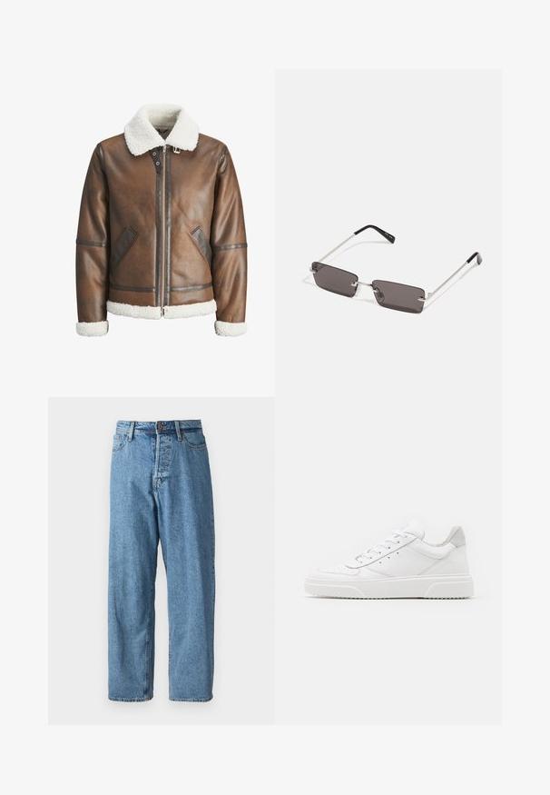 Chaqueta bomber de cuero marrón con un cuello y puños de borreguito blanco, con cierre de cremallera y bolsillos laterales. Acabada con detalles de cuero.; Camiseta de algodón blanca con mangas cortas, cuello redondo y un texto gráfico rojo que dice "FRUTA DELICIOSA Y REFRESCANTE" en la parte frontal.; Pantalones vaqueros de mezclilla azul claro con un corte holgado, con cierre de botón, cinco bolsillos y un desvanecimiento mínimo para un aspecto limpio. Diseño clásico de pernera ajustada.; Zapatillas de cuero blanca con un acabado suave, punta redondeada, cordones planos y una suela texturada. Acento de ante gris en el talón.; Gafas de sol con lentes rectangulares de color gris oscuro, montura de metal plateado y puntas de plástico negro en las patillas. Diseño ligero con almohadillas nasales.
