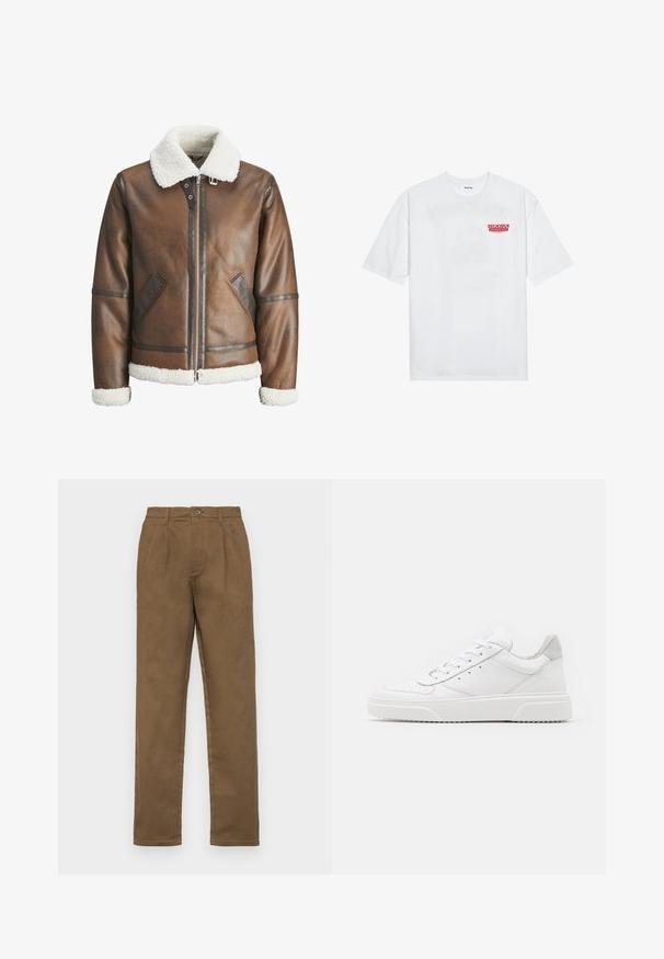 Pruun nahk bomber-jakk valge kitsesoomuse krae ja mansettidega, millel on tõmblukk ja küljetaskud. Tootel on nahast äärised.; Valge puuvillane T-särk, millel on lühikesed varrukad, ümmargune kaelus ja esiküljel punane graafiline tekst "MAITSVA KONDISIOONIGA PUUVILI".; Pruunid puuvillased püksid sirge lõikega, ühemugaviku kinnitusega, vööd loopsudega ja teravate õmblustega ees.; Valged nahast spordijalatsid siledast nahast viimistlusega, ümarate varvastega, lamekestega ja tekstuuriga tallaga. Hall suede aktsent kanna juures.