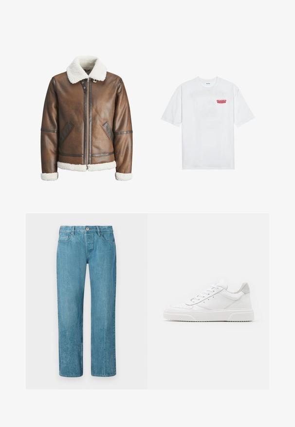 Rudas odinė bomberio striukė su balta avikailio apykakle ir rankovėmis, su užtrauktuku ir šoninėmis kišenėmis. Papuošta odiniais akcentais.; Balta medvilninė marškinėliai su trumpomis rankovėmis, apvaliu iškirpimu ir raudonu grafiniu tekstu "SKANI PAŽADINTI VAIŠIUS" priekyje.; Šviesiai mėlynos džinsinės kelnių su tiesiais kojomis dizainas, turintis penkis kišenių, diržo kilpas ir sagos užsegimą. Lygi tekstūra su subtilesniu blukimu.; Balti odiniai sportbačiai su lygiu paviršiumi, apvaliu pirštu, plokščiomis raištelėmis ir struktūrizuota padu. Pilko zimšo akcentas ant kulno.