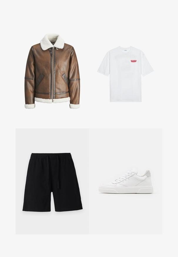 Brun læderbomberjakke med en hvid skindkrave og manchetter, udstyret med lynlåslukning og sidelommer. Pyntet med læderkant.; Hvid bomulds t-shirt med korte ærmer, rund hals og rød grafisk tekst "DELICIOUS REFRESHING FRUIT" på forsiden.; Sorte shorts lavet af letvægtsmateriale med elastisk talje og snor. Har en afslappet pasform og ingen synlige lommer.; Hvide lædersneakers med en glat finish, rund tå, flade snørebånd og en struktureret sål. Grå ruskindsdetalje ved hælen.