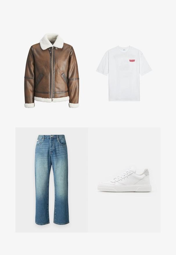 Brown leather bomber jacket with a white shearling collar and cuffs, featuring zip closure and side pockets. Accented with leather trim.; White cotton t-shirt featuring short sleeves, crew neck, and a red graphic text "DELICIOUS REFRESHING FRUIT" on the front.; Light blue denim jeans with a straight leg, five pockets, front button closure, and subtle fading throughout the fabric.; White leather sneakers with a smooth finish, rounded toe, flat laces, and a textured sole. Grey suede accent at the heel.