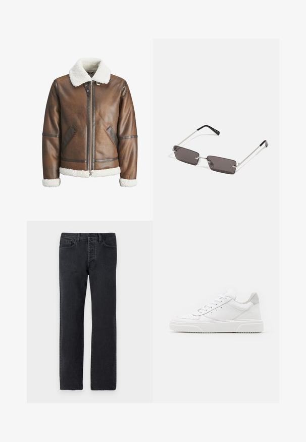 Pruun nahk bomber-jakk valge kitsesoomuse krae ja mansettidega, millel on tõmblukk ja küljetaskud. Tootel on nahast äärised.; Valge puuvillane T-särk, millel on lühikesed varrukad, ümmargune kaelus ja esiküljel punane graafiline tekst "MAITSVA KONDISIOONIGA PUUVILI".; Mustad denim teksad sirge lõikega, viie taskuga, vöökandjate ja väheste õmblusdetailidega. Valmistatud pehmest, tekstuursetest puuvillast kangast.; Valged nahast spordijalatsid siledast nahast viimistlusega, ümarate varvastega, lamekestega ja tekstuuriga tallaga. Hall suede aktsent kanna juures.; Kübarid, millel on ristkülikukujulised, tumedhalli värvi läätsed, hõbedased metallraamid ja mustad plastotsad käeotsades. Kerge disain koos nina padjadega.