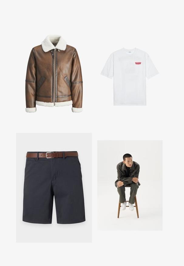 Brown leather bomber jacket with a white shearling collar and cuffs, featuring zip closure and side pockets. Accented with leather trim.; White cotton t-shirt featuring short sleeves, crew neck, and a red graphic text "DELICIOUS REFRESHING FRUIT" on the front.; Dark navy shorts made of textured fabric, featuring a brown leather belt. Classic fit with two side pockets and a plain hem.; Brown leather jacket with a wide collar, paired with dark green jeans and white sneakers. The model sits on a wooden stool.