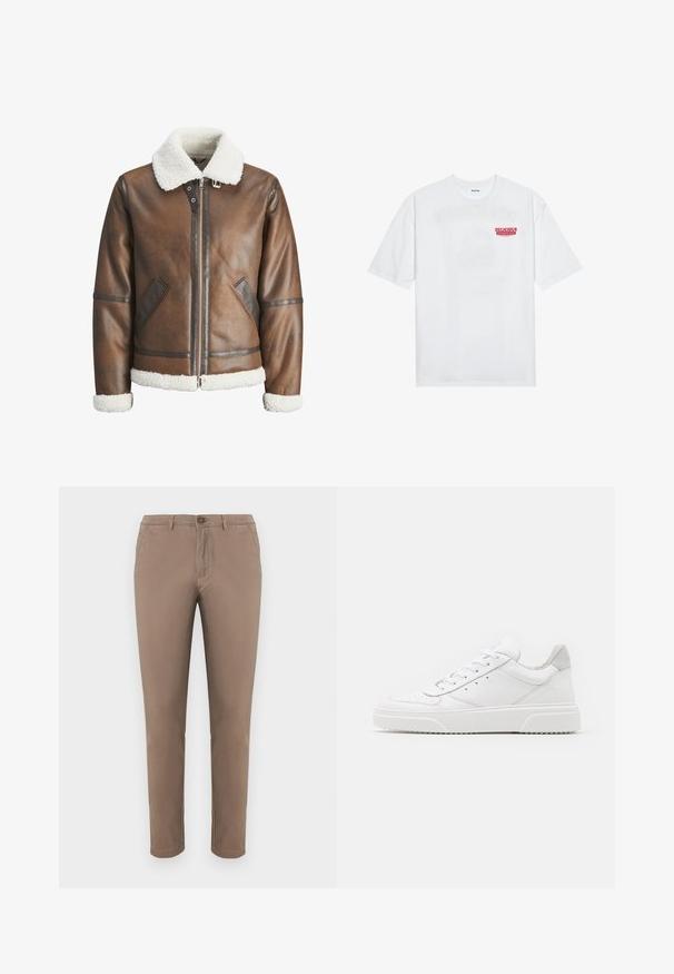 Brown leather bomber jacket with a white shearling collar and cuffs, featuring zip closure and side pockets. Accented with leather trim.; White cotton t-shirt featuring short sleeves, crew neck, and a red graphic text "DELICIOUS REFRESHING FRUIT" on the front.; Tan chinos with a straight-leg fit, button closure, front and back pockets, smooth cotton fabric, and neat hem. Suitable for casual wear.; White leather sneakers with a smooth finish, rounded toe, flat laces, and a textured sole. Grey suede accent at the heel.