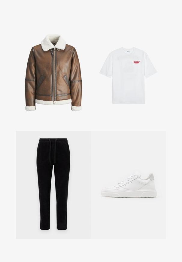 Giacca bomber in pelle marrone con colletto e polsini in shearling bianco, dotata di chiusura con zip e tasche laterali. Accentuata con finiture in pelle.; T-shirt bianco in cotone con maniche corte, collo rotondo e una grafica rossa con il testo "FRUTTA DELIZIOSA E RINFRESCANTE" sul davanti.; Pantaloni di velluto a coste neri con vita elastica, coulisse regolabile e vestibilità affusolata. Il tessuto ha una texture a coste verticali.; Sneaker bianche in pelle con finitura liscia, punta arrotondata, lacci piatti e suola texturizzata. Accento in suede grigio sul tallone.